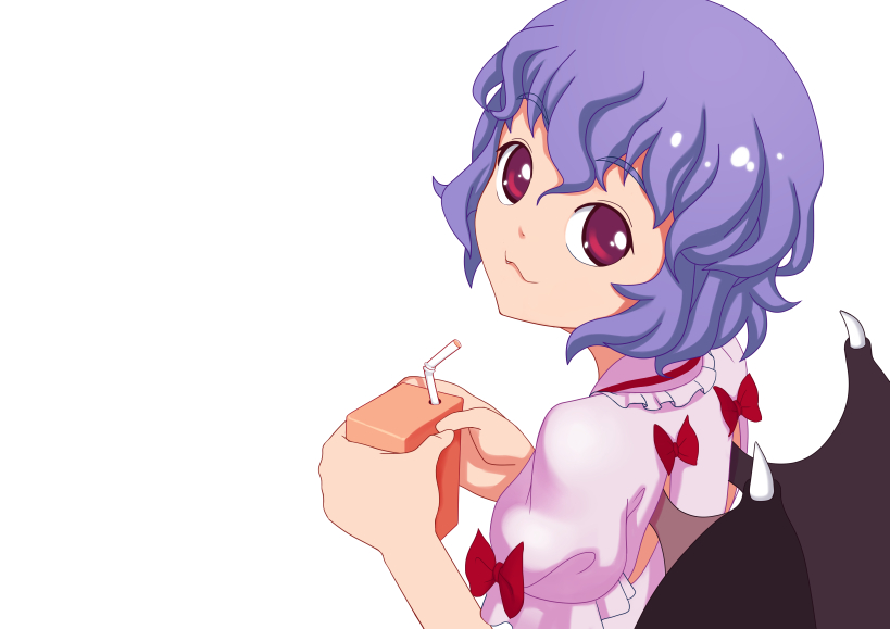 1girl :3 bat_wings bow drinking_straw fang juice no_hat pink_eyes purple_hair remilia_scarlet short_hair simple_background solo touhou wings