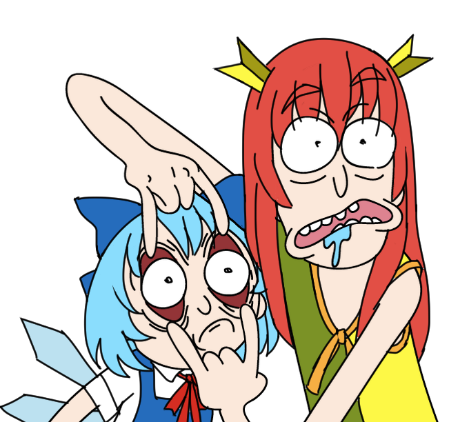 2girls amazed ascot banhammer-tan bare_shoulders blue_hair cirno conjunctiva deformed eyelids hairpin long_hair morty_smith open_your_eyes parody red_hair rick_and_morty rick_sanchez saliva short_hair simple_background style_parody teeth tie touhou white_background wings
