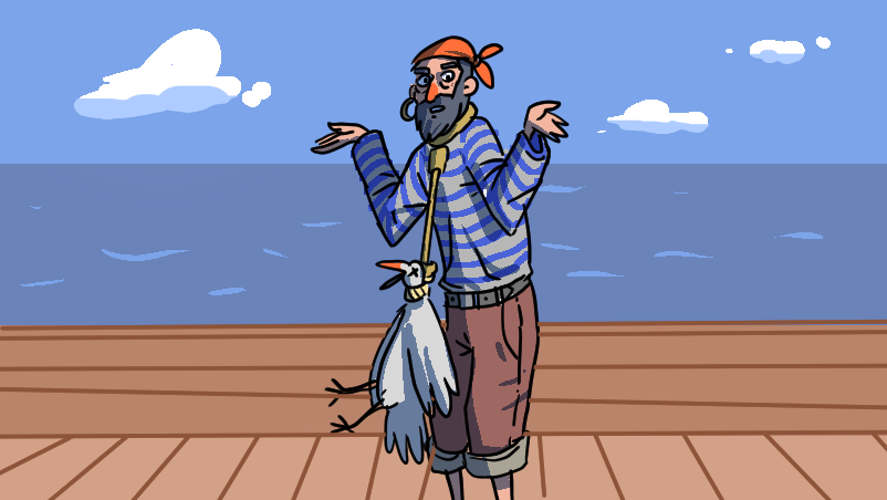 1boy asphyxiation bandanna beak beard belt bird black_hair brd cloud dead earrings feather hanging long_sleeves looking_at_viewer open_mouth outdoors pants perspective raised_hands rope sailor sea shadow ship shirt sky standing striped surprised wave wings wtf