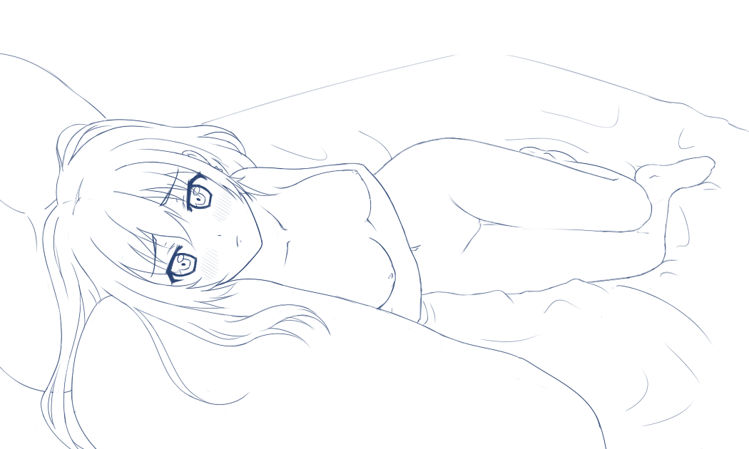 :< 1girl bed blush breasts embarrassed lineart long_hair lying monochrome nipples nude on_side pillow solo thigh_gap