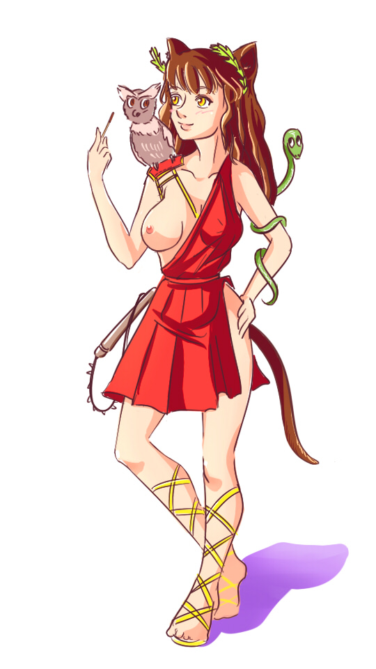 1girl afina alternate_costume ancient animal animal_ears brown_hair cat_ears cosplay idleantics_(artist) long_hair mythology owl simple_background snake solo tail topless uvao-chan yellow_eyes