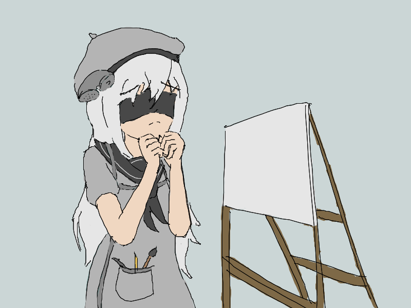 1girl 2draw-chan apron beret blindfold brush canvas clenched_hands easel grey_background grey_dress grey_hair long_hair pen personification phone sailor_collar school_uniform simple_background