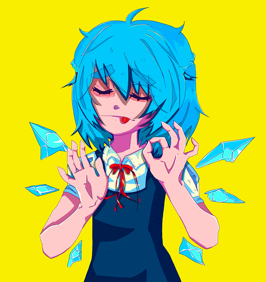 1girl ahoge blue_hair cirno closed_eyes dress eyebrows okay short_hair simple_background solo tongue touhou wings yellow_background