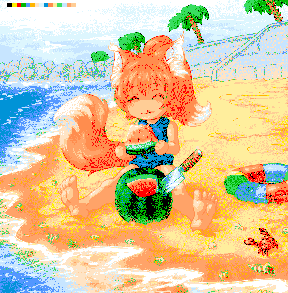 ^_^ 16_colors 1girl animal_ears bare_hands bare_legs beach blush crab eating fox fox_ears fox_tail knife loli lolifox palm_(tree) pincers ponytail red_hair rubber_ring sand school_swimsuit sea shell solo stone swimsuit tail wall water watermelon