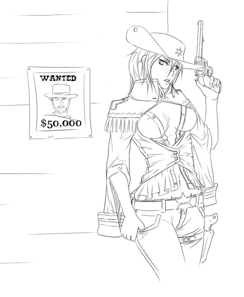 belt breasts denim freckles has_child_posts hat monochrome mouth_hold pistol sheriff shirt short_hair wall wanted weapon western wild_west