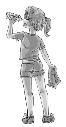 ^_^ 1girl ass bare_legs bottle drinking from_behind loli monochrome open_mouth ponytail shirt shorts sketch solo towel transparent_background t-shirt