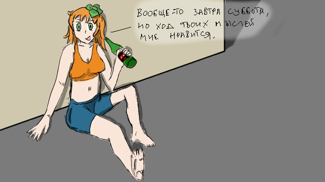 bare_arms barefoot bottle green_eyes hurma hurma-chan orange_hair shorts tagme tank_top