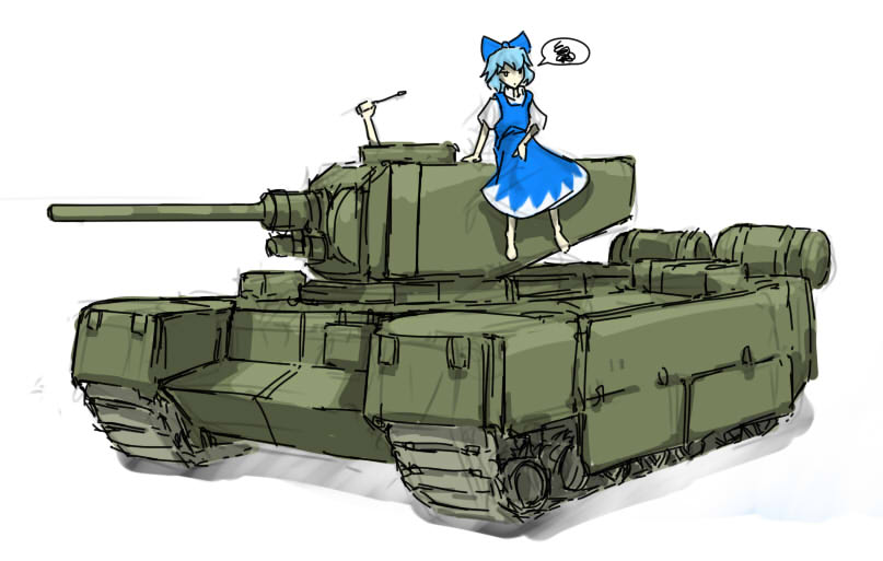 angry blue_hair bow cirno military panzermeido_(artist) simple_background tank touhou white_background