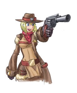 Rating: Safe Score: 0 Tags: aiming alternate_costume belt blonde_hair blue_eyes breasts co_(artist) coat cowboy excavator-chan fang gloves hat open_mouth pistol revolver smile star weapon western User: (automatic)Willyfox