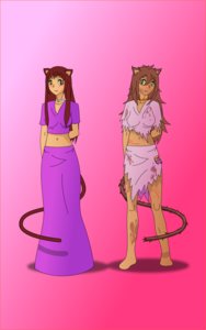 Rating: Questionable Score: 0 Tags: animal_ears barefoot bikini_top brown_hair cat_ears character_request collar dirty_clothes dual_persona pendant red_eyes scars skirt tagme tail torn_clothes yellow_eyes User: (automatic)Willyfox