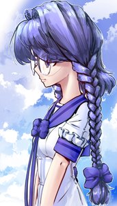 Rating: Safe Score: 0 Tags: 1girl blue_eyes blue_hair bow braid cloud elemental_gelade f2d_(artist) glasses has_child_posts long_hair sky solo viro virzoeve_eclairouer User: (automatic)Anonymous