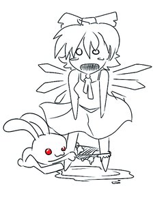 Rating: Safe Score: 0 Tags: 1girl animal bow bunny chibi cirno co_(artist) monochrome open_mouth panties panty_pull shocked short_hair spot_color touhou wings User: (automatic)nanodesu