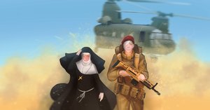 Rating: Safe Score: 0 Tags: 1boy 1girl beret closed_eyes cross desert dress gun habit hat helicopter military_uniform nun outdoors sand scar soldier weapon User: (automatic)Anonymous