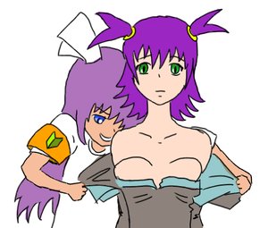 Rating: Safe Score: 0 Tags: 2girls armband bare_shoulders blue_eyes breasts colored evil_smile green_eyes iichantra long_hair madskillz maria_holic parody purple_hair shirt simple_background smile soh-chan t-shirt twintails undressing unyl-chan winged_hairpin User: (automatic)nanodesu