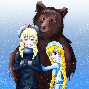 Rating: Safe Score: 0 Tags: 2girls animal bear blonde_hair blue_eyes braid drill_hair furry_hat hat hug red_star russian russia-oneesama slavya-chan smile snow star /tan/ twin_braids winter winter_clothes User: (automatic)Anonymous
