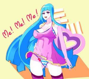 Rating: Explicit Score: 0 Tags: bikini bikini_top blue_hair breasts dress hands_on_hips long_hair me!me!me! oxykoma_(artist) panties pink_eyes saliva striped thighhighs User: (automatic)Anonymous