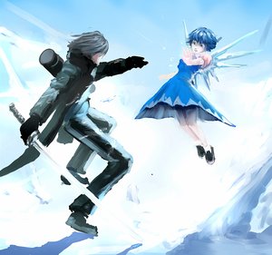 Rating: Safe Score: 0 Tags: 1boy angry blue_hair cirno crossover dress fighting flying short_hair snow sword touhou tube-kun tubus-kun weapon wings winter User: (automatic)timewaitsfornoone