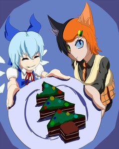 Rating: Safe Score: 0 Tags: 2girls animal_ears black_hair blue_eyes blue_hair bow cake cat_ears chimera christmas_tree cirno food green_eyes hairpin heterochromia hineko-tan multicolored_hair multicolored_skin multiple_girls new_year orange_hair personification short_hair touhou wings User: (automatic)Anonymous