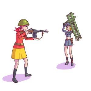 Rating: Safe Score: 0 Tags: 2girls blonde_hair blue_eyes co2_(artist) co_(artist) excavator-chan gun hat helmet midriff military military_uniform navel red_hair short_hair simple_background twintails ussr-tan weapon User: (automatic)Anonymous