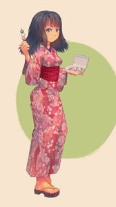 Rating: Safe Score: 0 Tags: 1girl black_hair blue_eyes dango food highres holding japanese_clothes kimono long_hair sandals smile solo traditional_clothes User: (automatic)Anonymous