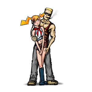 Rating: Safe Score: 0 Tags: 1boy boots cigar couple crop_top duke_nukem dvach-tan hug manly necktie orange_hair pioneer_tie red_eyes skirt smoking sunglasses twintails v_hands User: (automatic)timewaitsfornoone