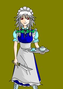 Rating: Safe Score: 0 Tags: apron bow braid cup dress grey_hair izayoi_sakuya knife maid maid_headdress maid_outfit red_eyes simple_background teapot /to/ touhou twin_braids weapon User: (automatic)nanodesu