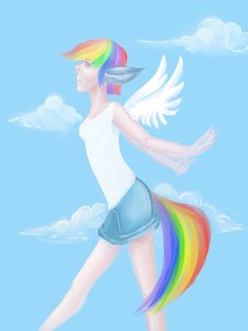 Rating: Safe Score: 0 Tags: /an/ cloud cosplay humanization multicolored_hair my_little_pony my_little_pony_friendship_is_magic outdoors pegasus pony rainbow rainbow_dash red_eyes shorts sky tail top wings User: (automatic)nanodesu