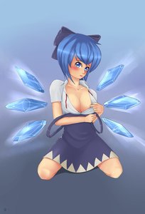 Rating: Questionable Score: 0 Tags: blue_eyes blue_hair blush breasts cirno short_hair simple_background sitting touhou undressing wings User: (automatic)nanodesu