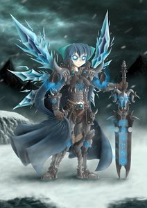 Rating: Safe Score: 0 Tags: alternative_outfit armor bizarre blue_hair bow cirno coat fantasy glowing_eyes ice night short_hair sword wings winter User: (automatic)Willyfox
