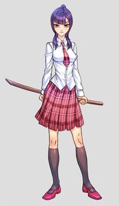 Rating: Safe Score: 0 Tags: /an/ brown_eyes long_hair necktie purple_hair school_uniform shirt simple_background skirt socks sword weapon wooden_sword User: (automatic)Anonymous