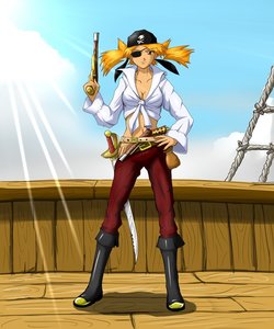 Rating: Safe Score: 0 Tags: 1girl alternate_costume bandanna belt boots breasts cleavage dvach_emblem dvach-tan eye_patch full_body gun hands_on_hips hudozhnik-kun_(artist) midriff navel orange_hair outdoors pants pirate pistol red_eyes sabre ship shirt sky solo standing sword tied_shirt twintails weapon User: (automatic)nanodesu