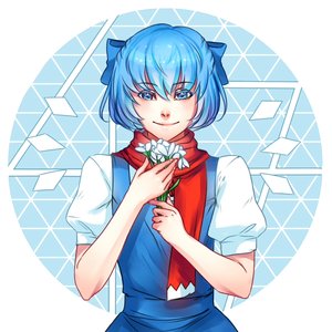 Rating: Safe Score: 0 Tags: 1girl blue_eyes blue_hair bow cirno flower holding madskillz_thread_oppic scarf short_hair smile solo touhou wings User: (automatic)Anonymous