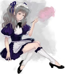 Rating: Safe Score: 0 Tags: 1girl apron brown_eyes colored dress duster earrings full_body grey_hair hair_ribbon kneehighs kneesocks long_hair maid maid_headdress maid_outfit maid-tan shoes sitting solo twintails white_legwear User: (automatic)orikanekoi