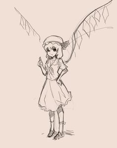 Rating: Safe Score: 0 Tags: finger flandre_scarlet futaba_style hat monochrome short_hair simple_background touhou wings User: (automatic)nanodesu