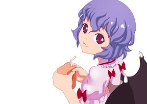 Rating: Safe Score: 0 Tags: 1girl :3 bat_wings bow drinking_straw fang juice no_hat pink_eyes purple_hair remilia_scarlet short_hair simple_background solo touhou wings User: (automatic)Anonymous