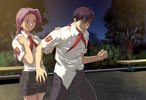 Rating: Safe Score: 0 Tags: 1boy 1girl angry bench fist iie-chan lolwoot_(artist) long_hair necktie night outdoors park pioneer_tie purple_eyes purple_hair red_eyes scared shirt shorts sky soviet stars summer teeth tree User: (automatic)timewaitsfornoone