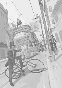 Rating: Safe Score: 0 Tags: bicycle city dutch_angle monochrome outdoors pistol steampunk street top_hat train tram unfinished victorian weapon xix User: (automatic)Anonymous