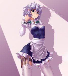 Rating: Safe Score: 0 Tags: 1girl apron blue_eyes bow braid breasts dress frills garter_straps hater_(artist) izayoi_sakuya knife maid maid_headdress maid_outfit piercing short_hair silver_hair solo thighhighs thigh_strap /to/ touhou twin_braids watch weapon white_legwear User: (automatic)Anonymous