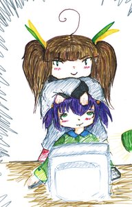 Rating: Safe Score: 0 Tags: 2girls ahoge atmospheric banhammer-tan blush brown_hair chibi computer green_eyes lamp purple_hair smile stylish traditional_media twintails unyl-chan wakaba_colors User: (automatic)timewaitsfornoone