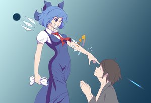 Rating: Safe Score: 0 Tags: 1boy 1girl ascot blue_eyes blue_hair bow brown_hair character_request cirno closed_eyes dress grin pointing praying smile tagme teeth touhou wings User: (automatic)Anonymous
