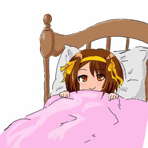 Rating: Safe Score: 0 Tags: 1girl bed blanket blush brown_eyes brown_hair eyebrows_visible_through_hair hair_ornament holding holding_blanket in_bed looking_at_viewer lying medium_hair pillow pink_blanket simple_background smile suzumiya_haruhi suzumiya_haruhi_no_yuuutsu white_background yellow_hair_ornament yellow_ribbon User: Anonymous