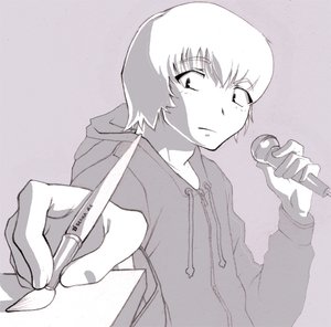 Rating: Safe Score: 0 Tags: 1boy brush microphone monochrome painting short_hair User: (automatic)nanodesu