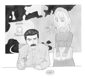 Rating: Safe Score: 0 Tags: 1boy book drill_hair furry_hat hat joseph_stalin mangaka-kun_(artist) map monochrome mustache pipe russia-oneesama sickle_and_hammer simple_background sitting smoke traditional_media winter_clothes User: (automatic)nanodesu