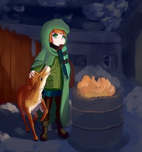 Rating: Safe Score: 0 Tags: animal deer fire green_eyes hairpin hood mechanical_arm night orange_hair outdoors winter User: (automatic)Anonymous