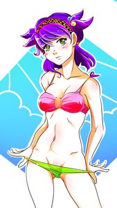 Rating: Questionable Score: 0 Tags: 1girl bikini bikini_pull blush covered_nipples green_eyes hairband hair_bobbles hair_ornament idleantics_(artist) purple_hair solo swimsuit twintails unyl-chan User: (automatic)Anonymous
