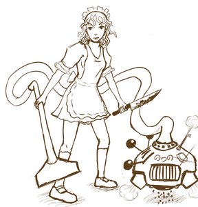Rating: Safe Score: 0 Tags: apron dress knife maid maid_headdress maid_outfit monochrome sci-fi short_hair simple_background sketch socks vacuum_cleaner weapon User: (automatic)nanodesu