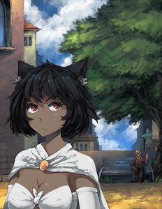 Rating: Safe Score: 0 Tags: 1girl animal_ears bandeau bench bikini black_hair breasts brown_eyes building cape cat_ears cleavage cloud dark_skin elbow_gloves felicette first_rule outdoors pony_(artist) sitting sky solo_focus tree User: (automatic)Anonymous