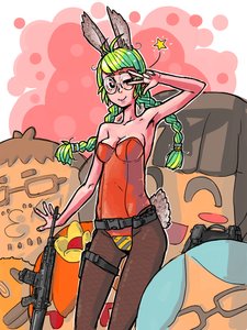 Rating: Safe Score: 0 Tags: ahoge bomb-chan bomb-kun_(artist) braid bunny_ears bunnysuit glasses green_hair pantyhose twin_braids v weapon wink User: (automatic)Anonymous