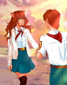 Rating: Safe Score: 0 Tags: 1boy animal_ears braid brown_hair cat_ears couple long_hair necktie outdoors pioneer pioneer_necktie pioneer_uniform semyon_(character) shirt skirt tail thighhighs uvao-chan yellow_eyes zettai_ryouiki User: (automatic)Anonymous
