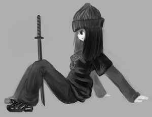 Rating: Safe Score: 0 Tags: hat long_hair monochrome simple_background sitting sketch sword weapon User: (automatic)nanodesu